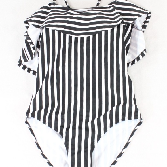 BLACK & WHITE STRIPED RUFFLE ONE PIECE SWIMWEAR M - Picture 4 of 7